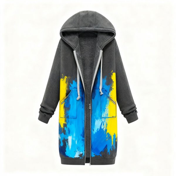 Women's Edgy Blue & Yellow Graffiti Print Long Fleece Hoodie