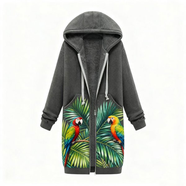 Women's Tropical Parrot & Palm Leaf Print Long Fleece Hoodie