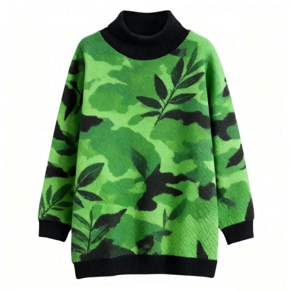 Women's Green Camo Leaf Turtleneck Sweater - Edgy Casual Knit Top