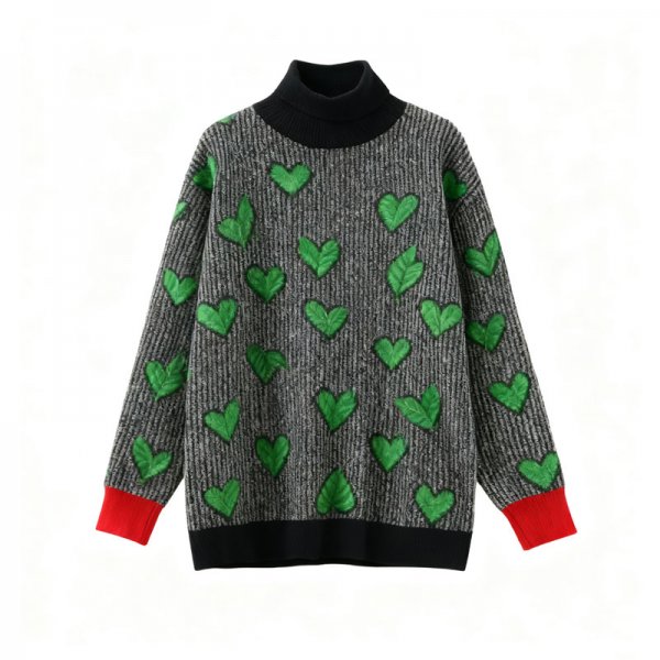 Women's Gray Green Heart Leaf Print Turtleneck Sweater - Red Cuff Accent Oversized Knit Top