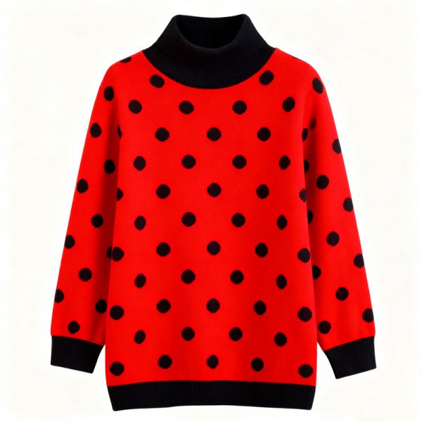 Women's Red Black Polka Dot Turtleneck Sweater - Vintage Sweet Knit Top