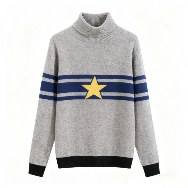 Women's Gray Blue Stripe Yellow Star Turtleneck Sweater - Retro Casual Knit Top